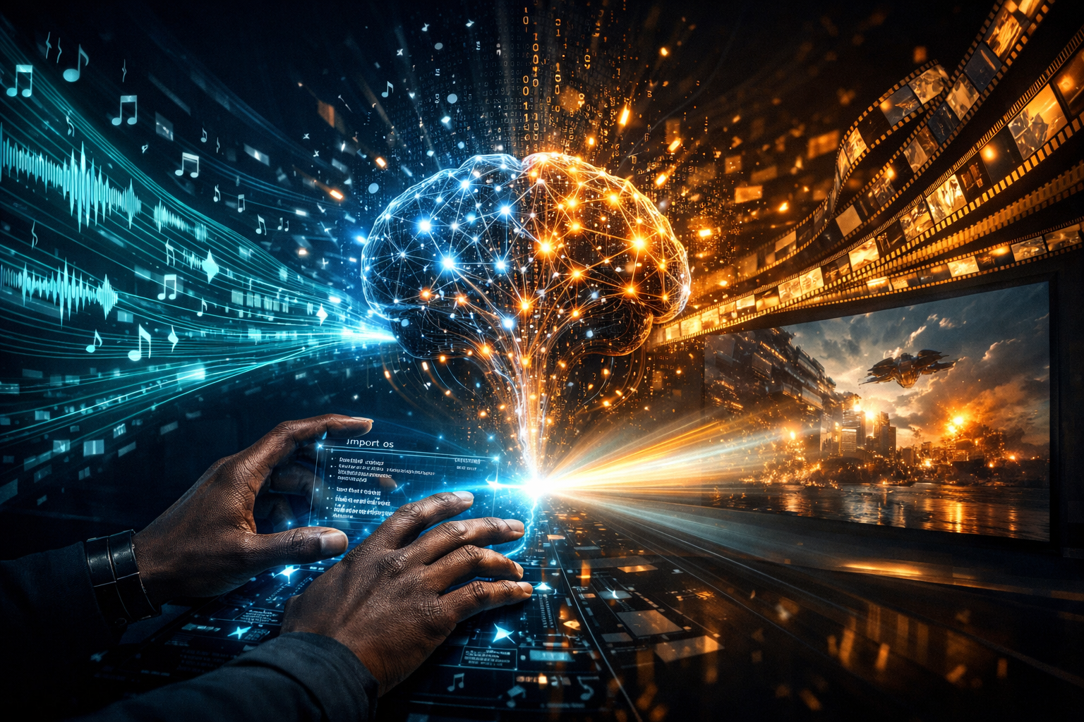 Futuristic visualization of audio and video production streams merging through a high-tech hub.