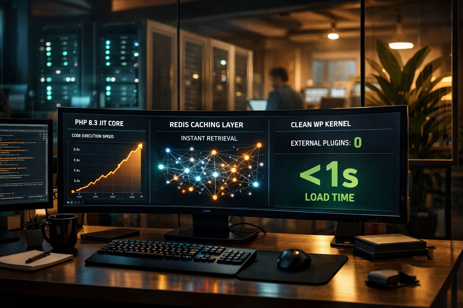 A high-performance developer workstation displaying PHP 8.3 execution metrics, Redis caching status, and zero-plugin architecture stats for a custom wellness website.