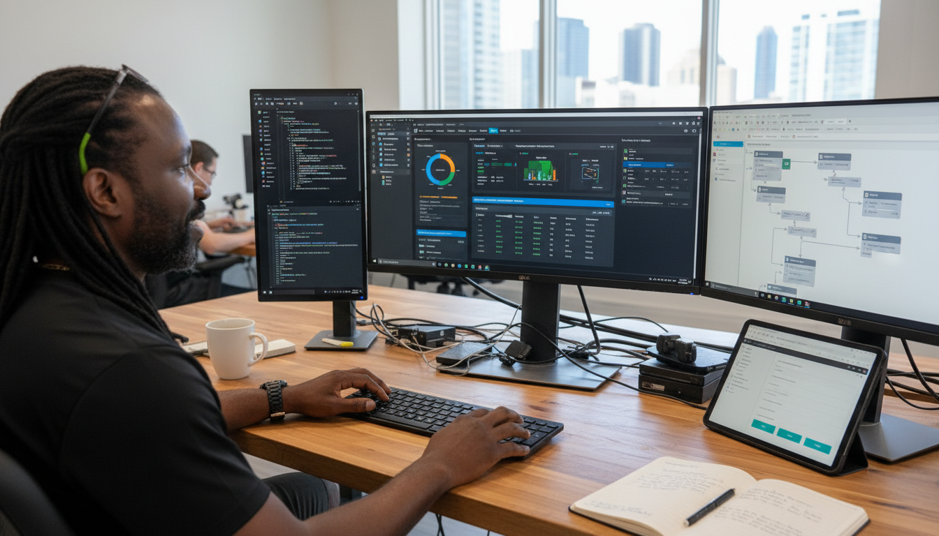 A photorealistic modern workspace showing a developer using Power BI dashboards, Python code, and Microsoft Power Automate workflows on multiple monitors.