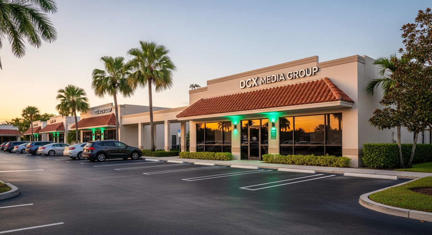 A realistic photograph of the DCX Media Group office in a 2001-era Palm Beach business park, featuring stucco architecture, tropical landscaping, and modern teal LED signage.